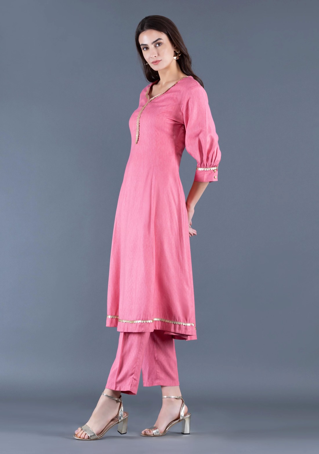 Rose Pink Viscose Rayon Panelled Kurta Pants Dupatta Set