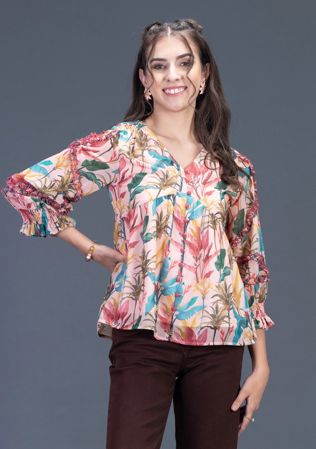 Tropical Print Georgette Flared A-Line Top