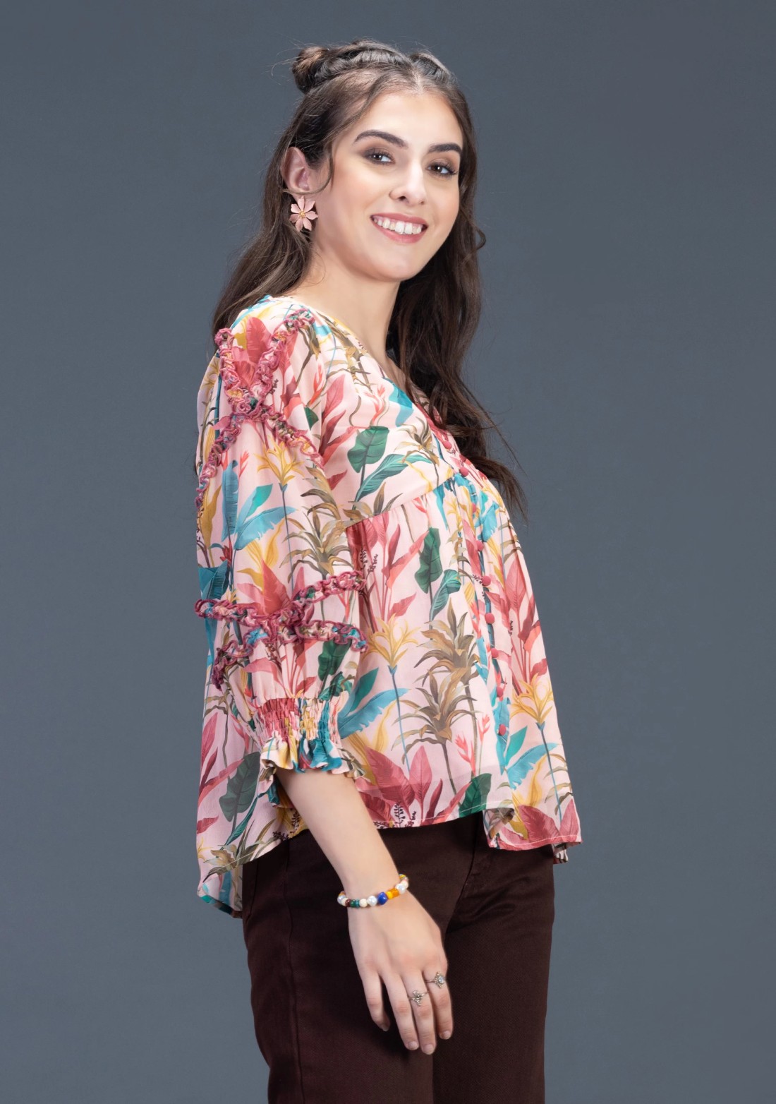 Tropical Print Georgette Flared A-Line Top