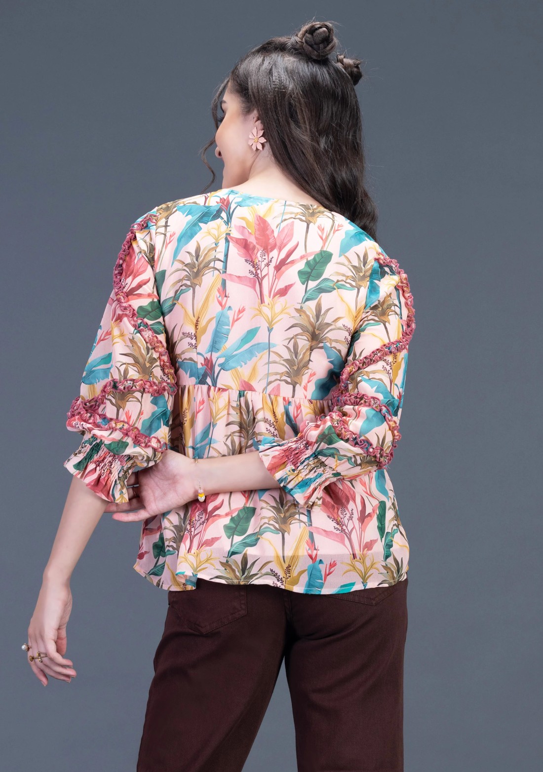 Tropical Print Georgette Flared A-Line Top