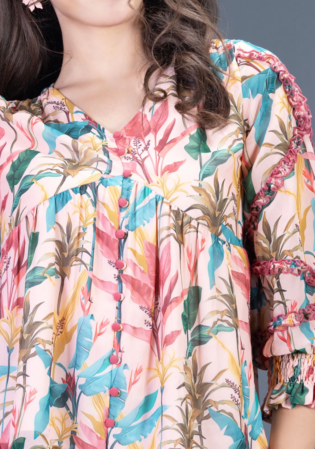 Tropical Print Georgette Flared A-Line Top