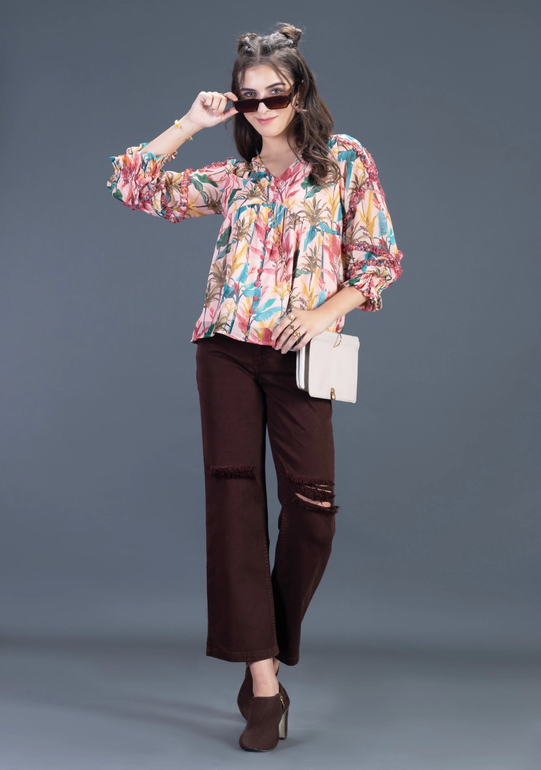 Tropical Print Georgette Flared A-Line Top