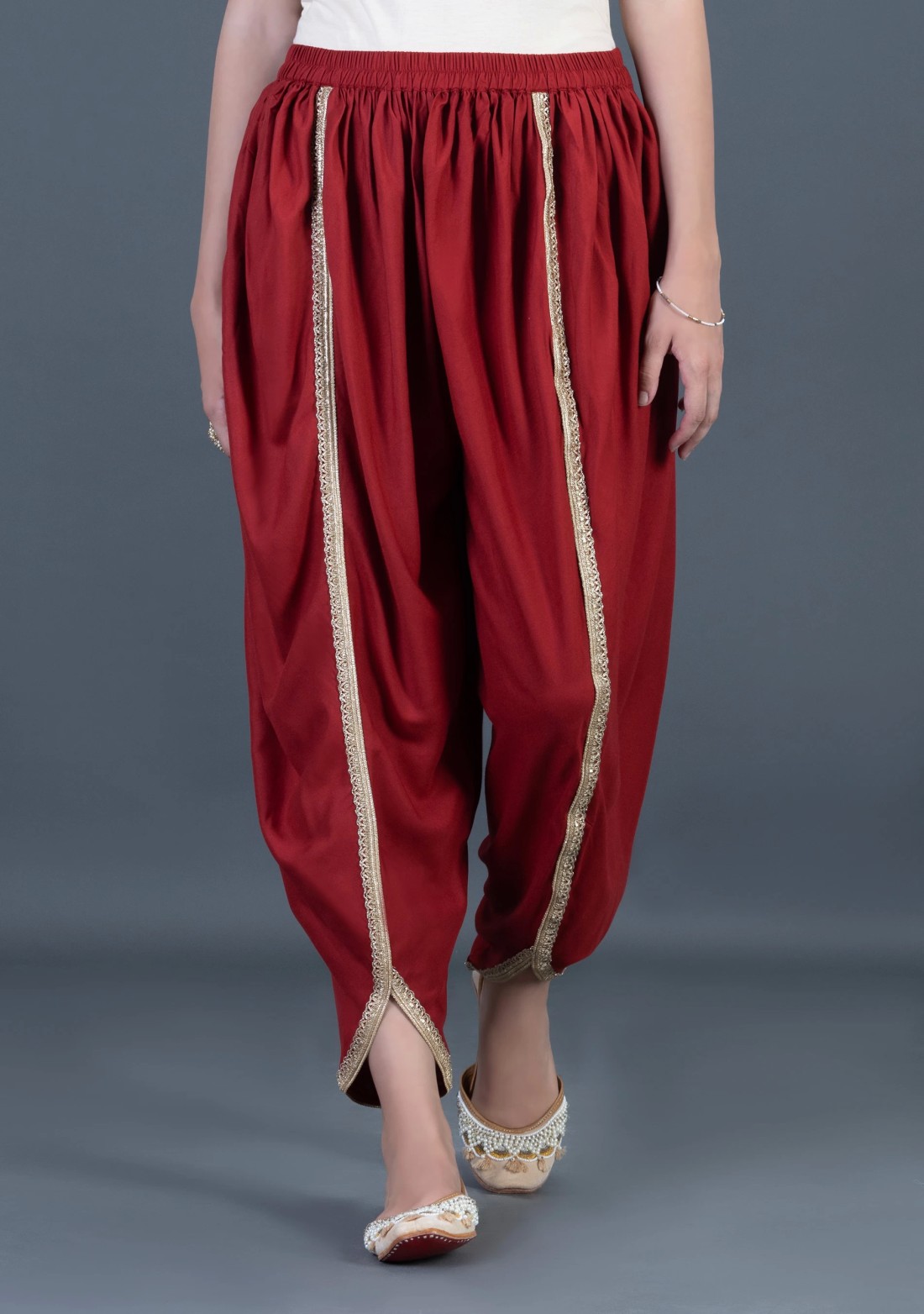 Maroon Viscose Rayon Tulip Dhoti Salwar With Zari Lace Embellished