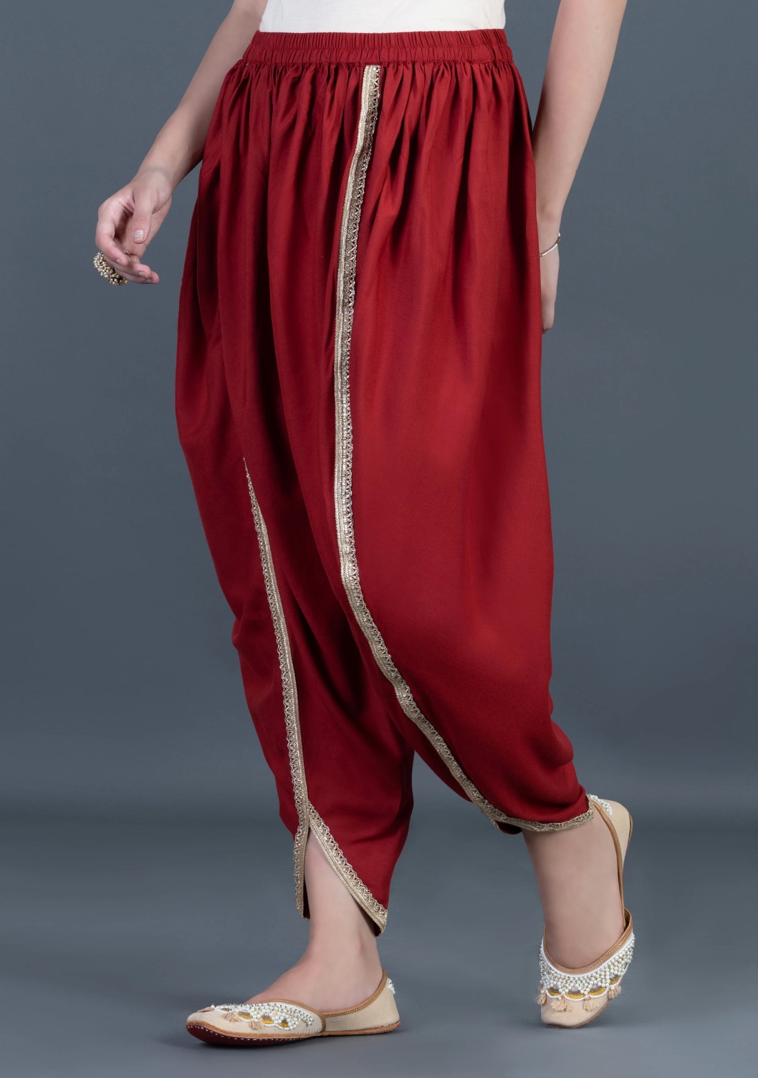 Maroon Viscose Rayon Tulip Dhoti Salwar With Zari Lace Embellished