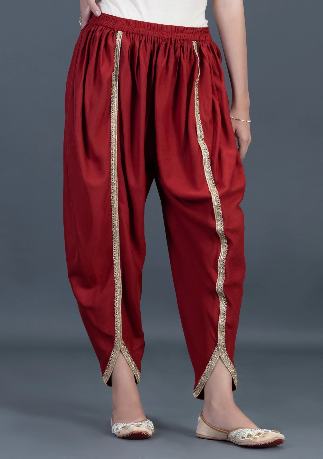 Maroon Viscose Rayon Tulip Dhoti Salwar With Zari Lace Embellished