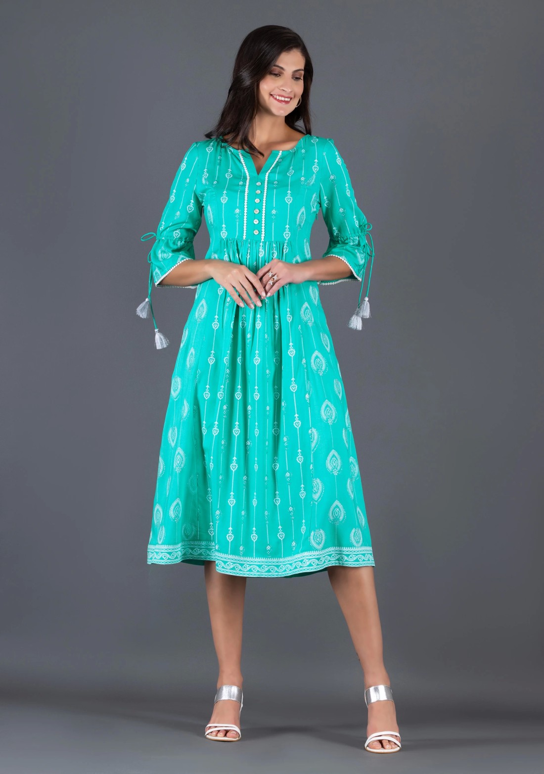 Sea Green Silver Glitter & Khari Motif Printed Viscose Rayon Flared Indo-Western Dress