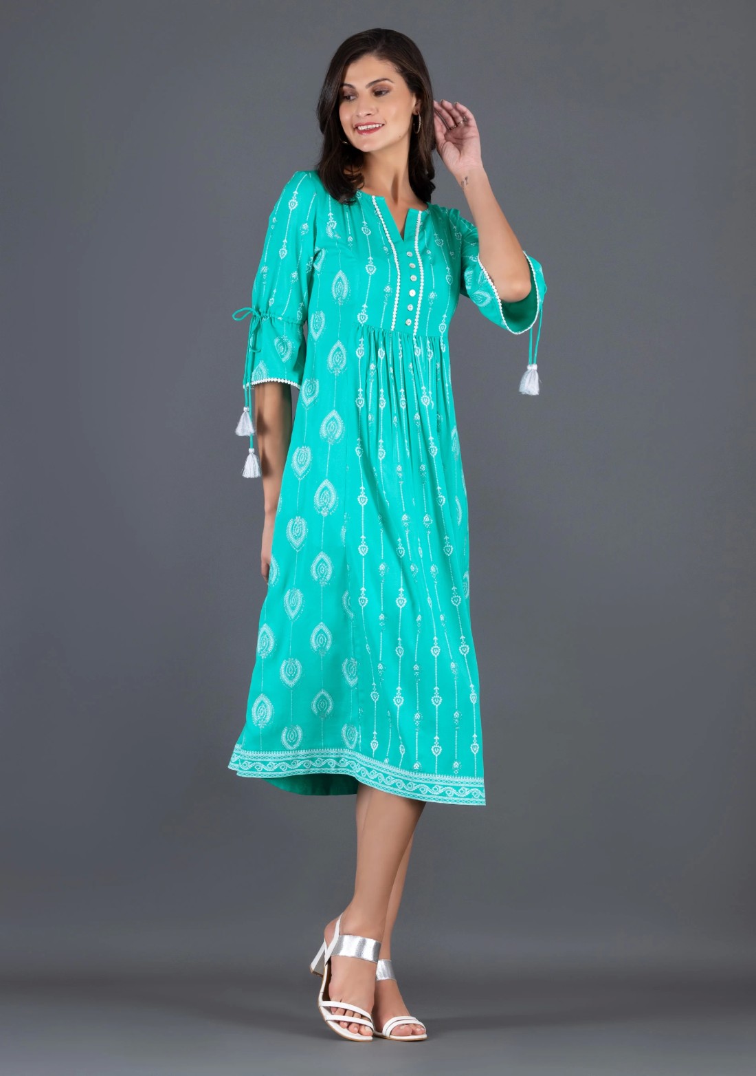 Sea Green Silver Glitter & Khari Motif Printed Viscose Rayon Flared Indo-Western Dress