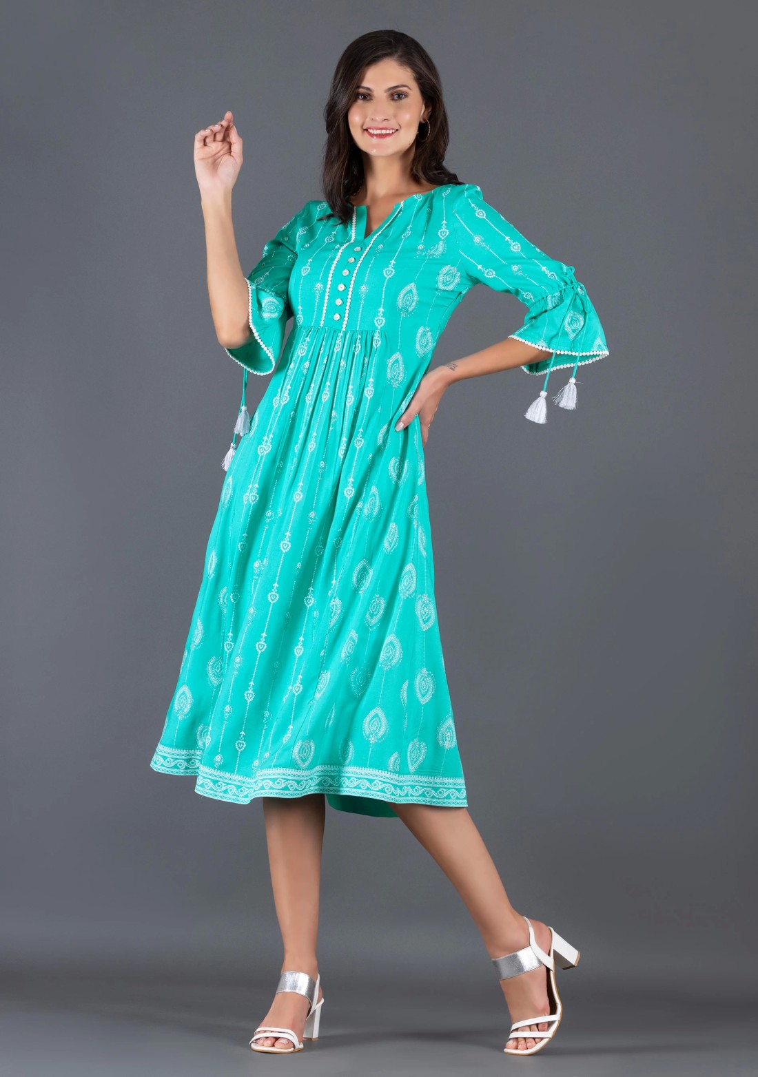 Sea Green Silver Glitter & Khari Motif Printed Viscose Rayon Flared Indo-Western Dress