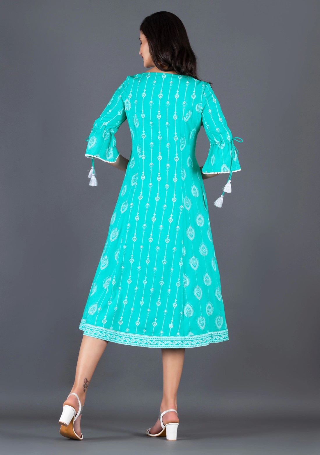 Sea Green Silver Glitter & Khari Motif Printed Viscose Rayon Flared Indo-Western Dress