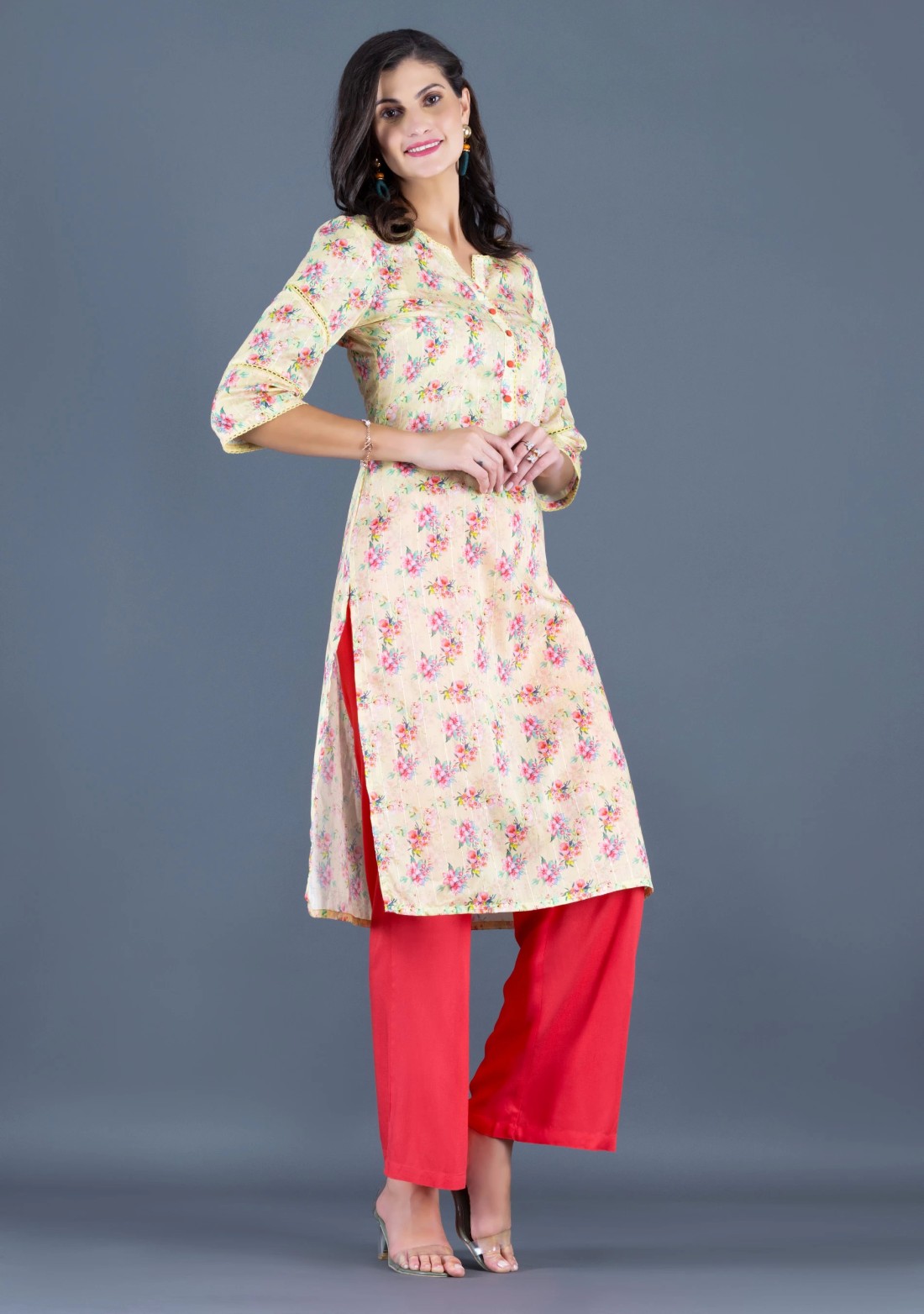 Neon Yellow Floral Printed With Sequins Weave Muslin Straight Kurta