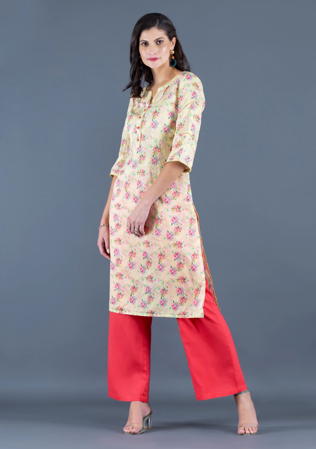 Neon Yellow Floral Printed With Sequins Weave Muslin Straight Kurta