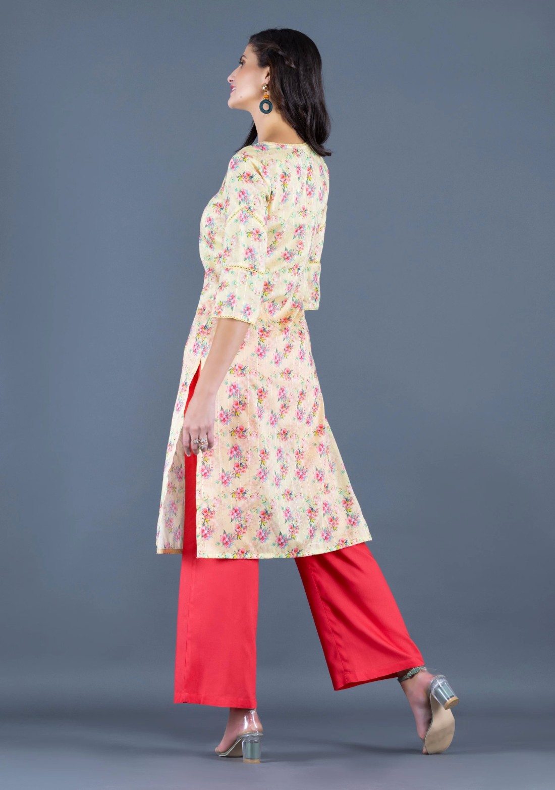 Neon Yellow Floral Printed With Sequins Weave Muslin Straight Kurta