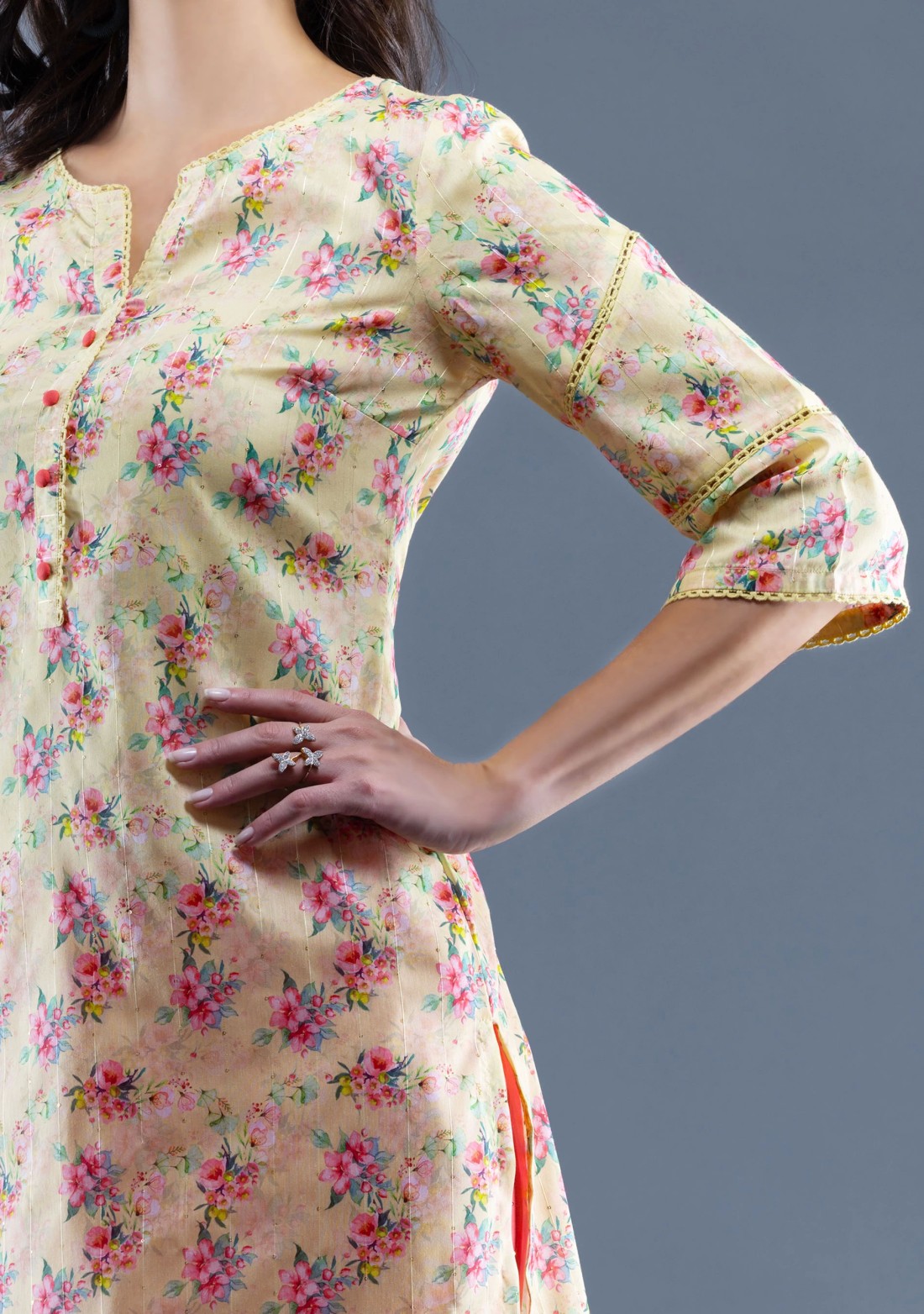 Neon Yellow Floral Printed With Sequins Weave Muslin Straight Kurta