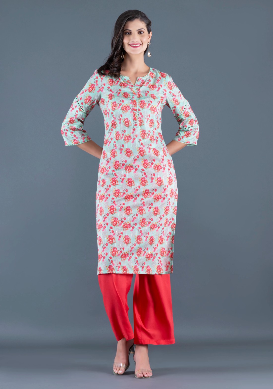 Mint Green Floral Printed With Sequins Weave Muslin Straight Kurta