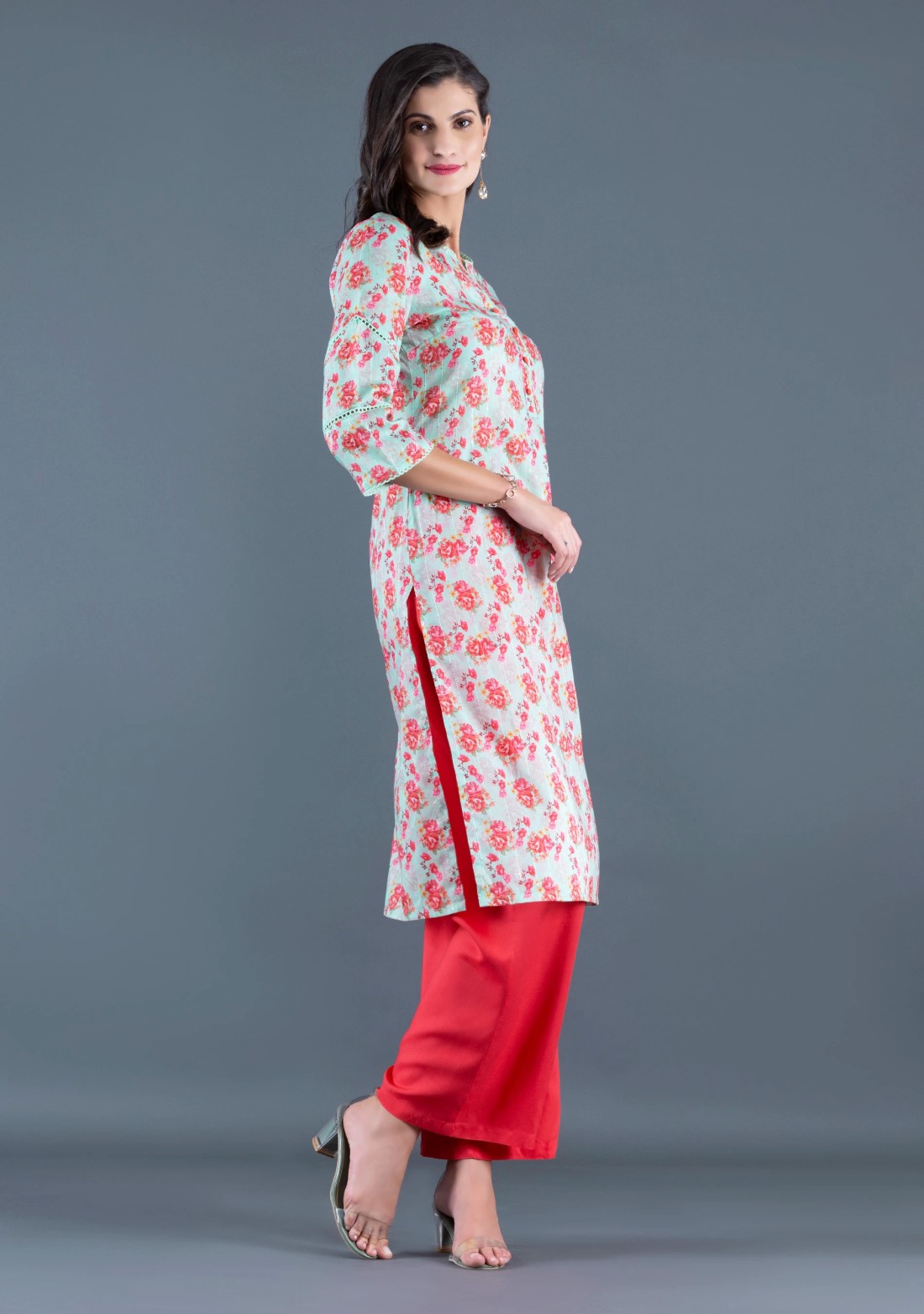 Mint Green Floral Printed With Sequins Weave Muslin Straight Kurta