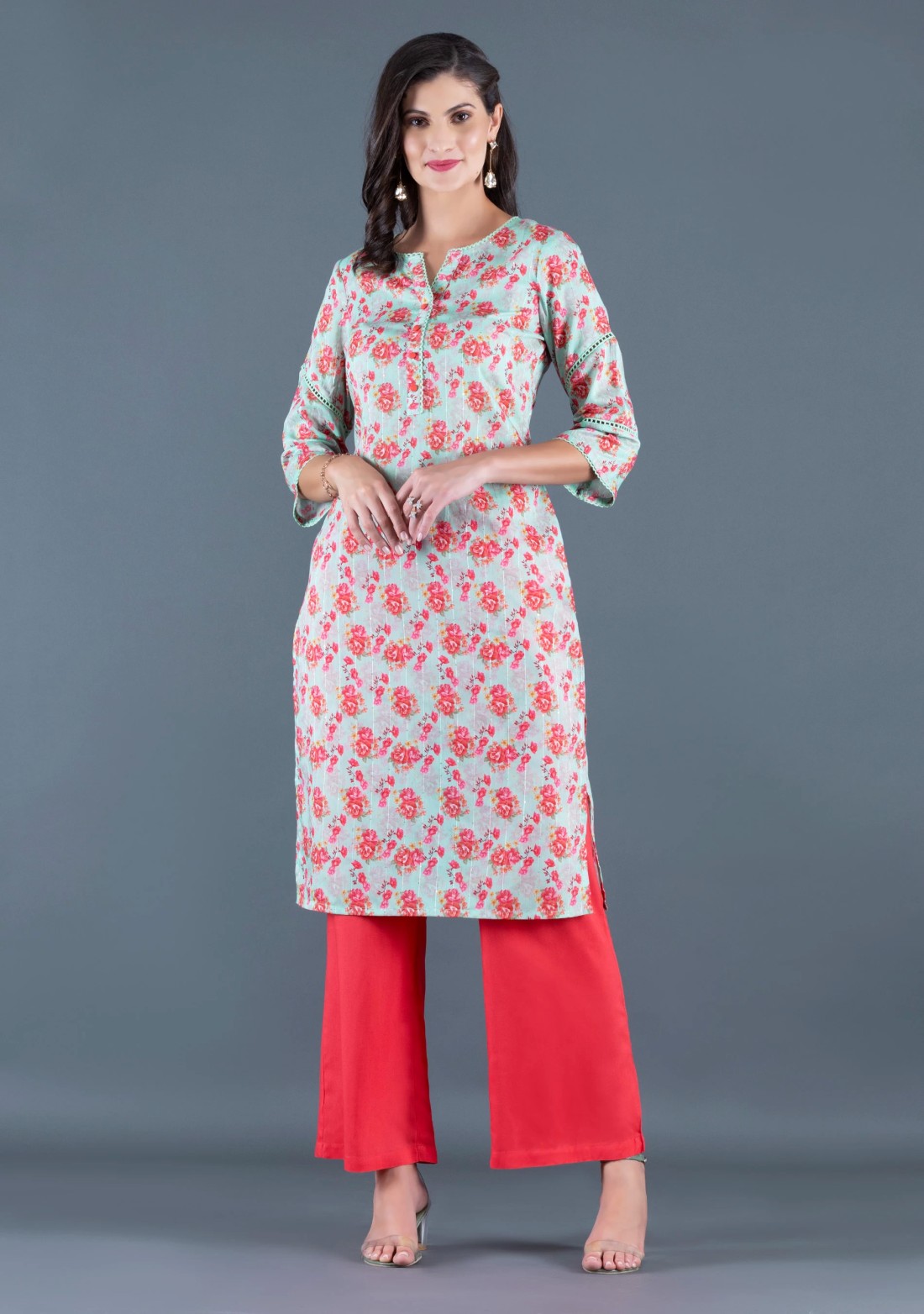 Mint Green Floral Printed With Sequins Weave Muslin Straight Kurta