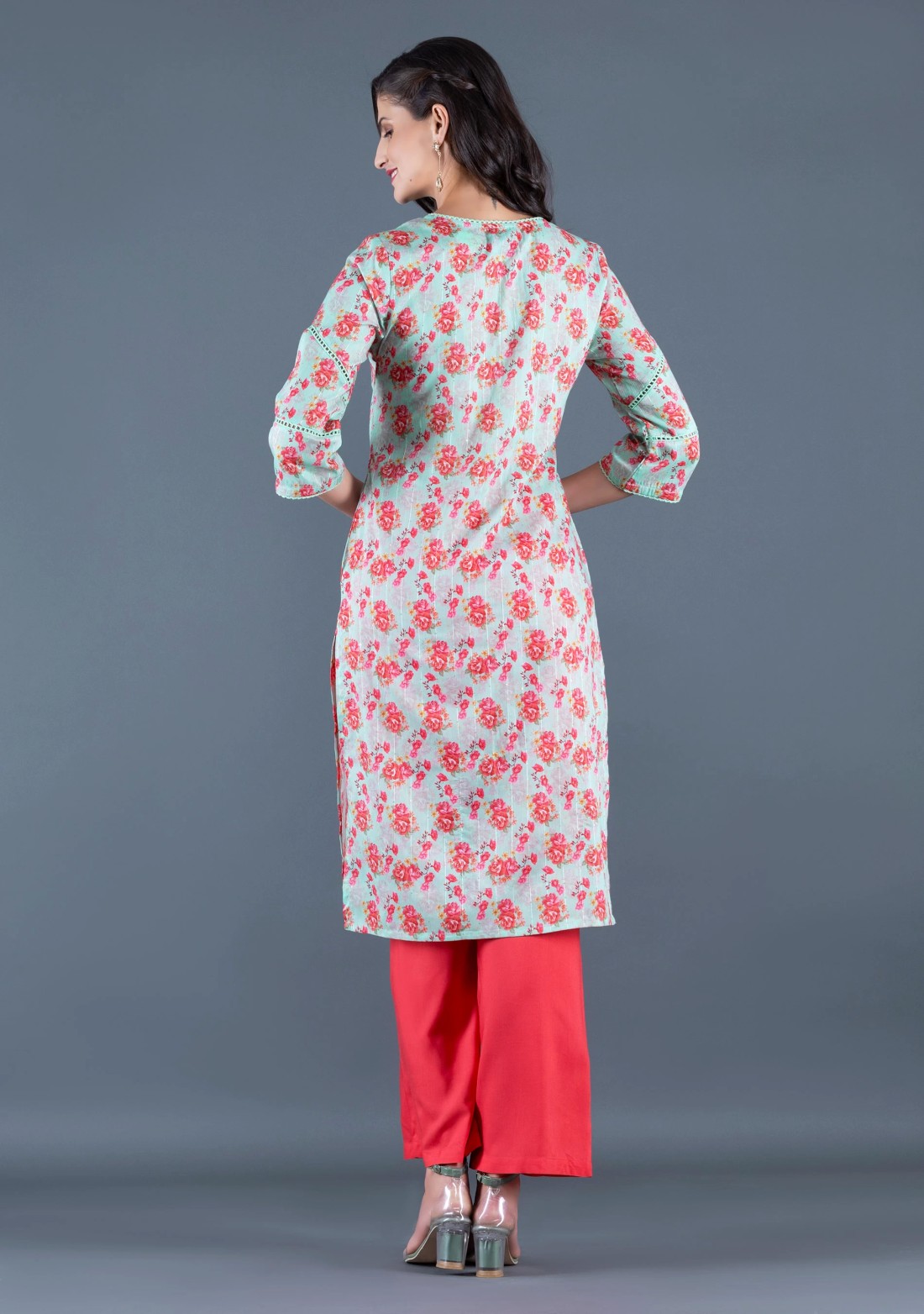 Mint Green Floral Printed With Sequins Weave Muslin Straight Kurta