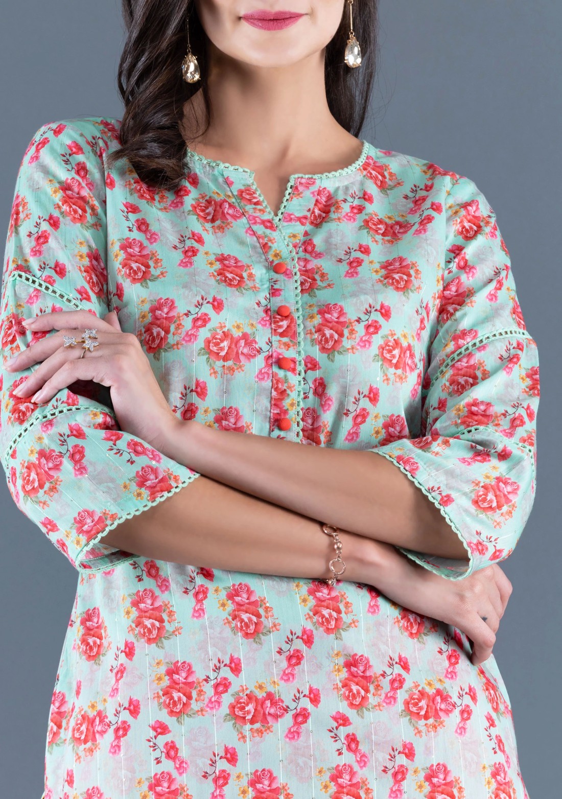 Mint Green Floral Printed With Sequins Weave Muslin Straight Kurta