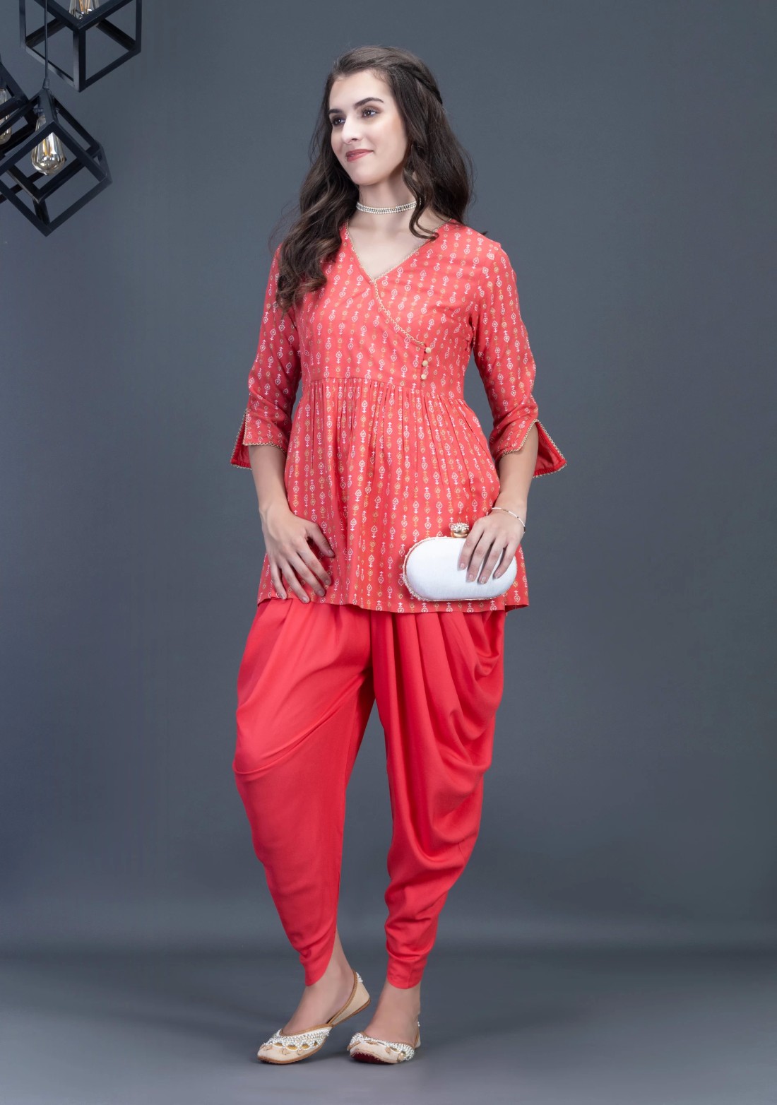 Coral Viscose Rayon Side Cowl Dhoti Salwar