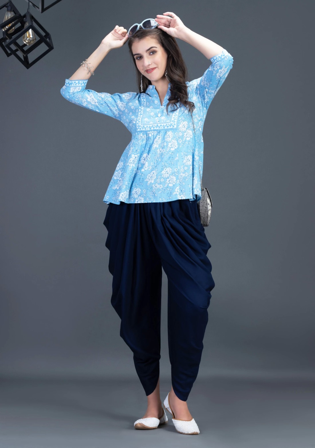 Navy Blue Viscose Rayon Side Cowl Dhoti Salwar