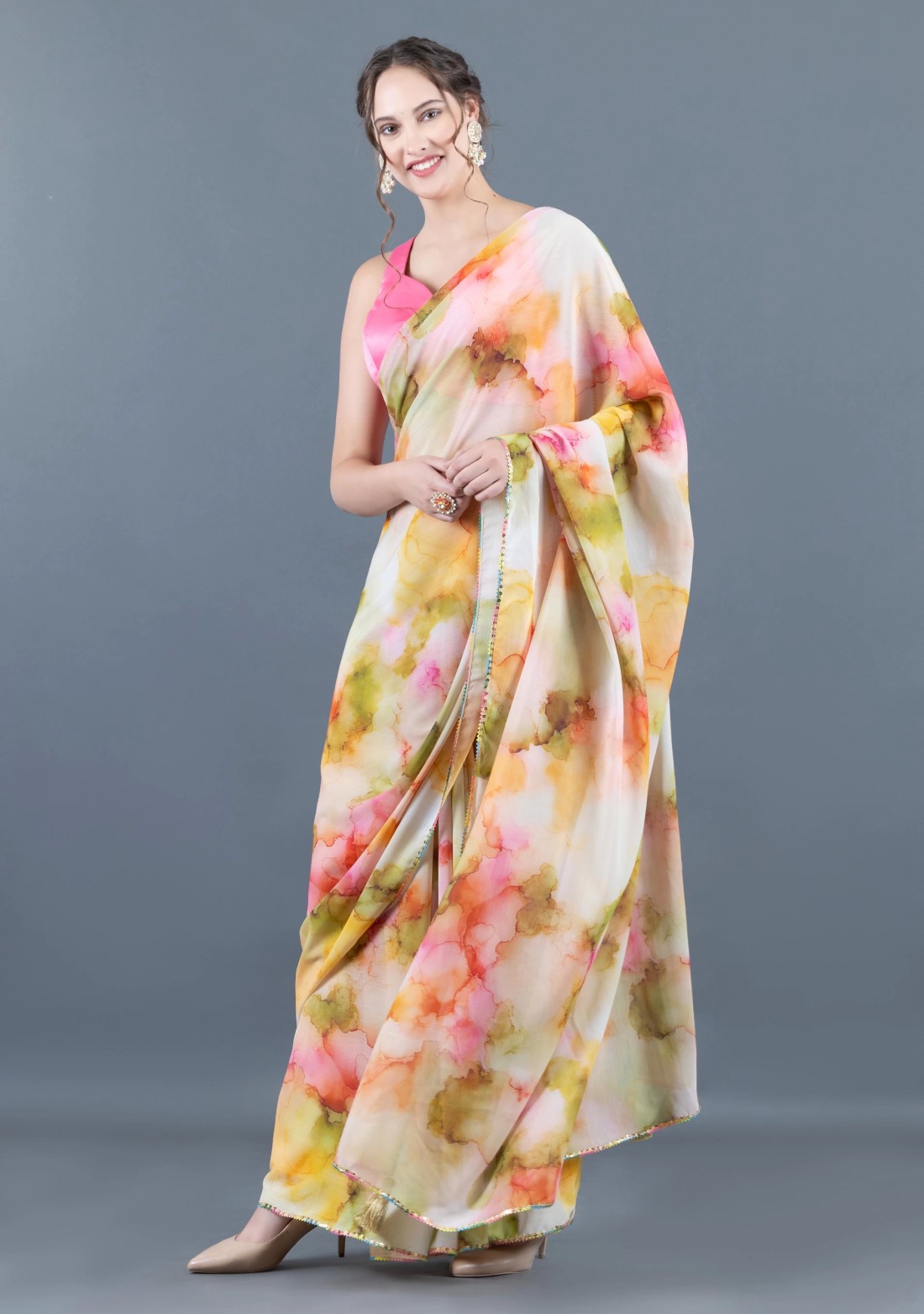 Multi Colour Smoke Marble Print Chiffon Saree With Unstitched Blouse