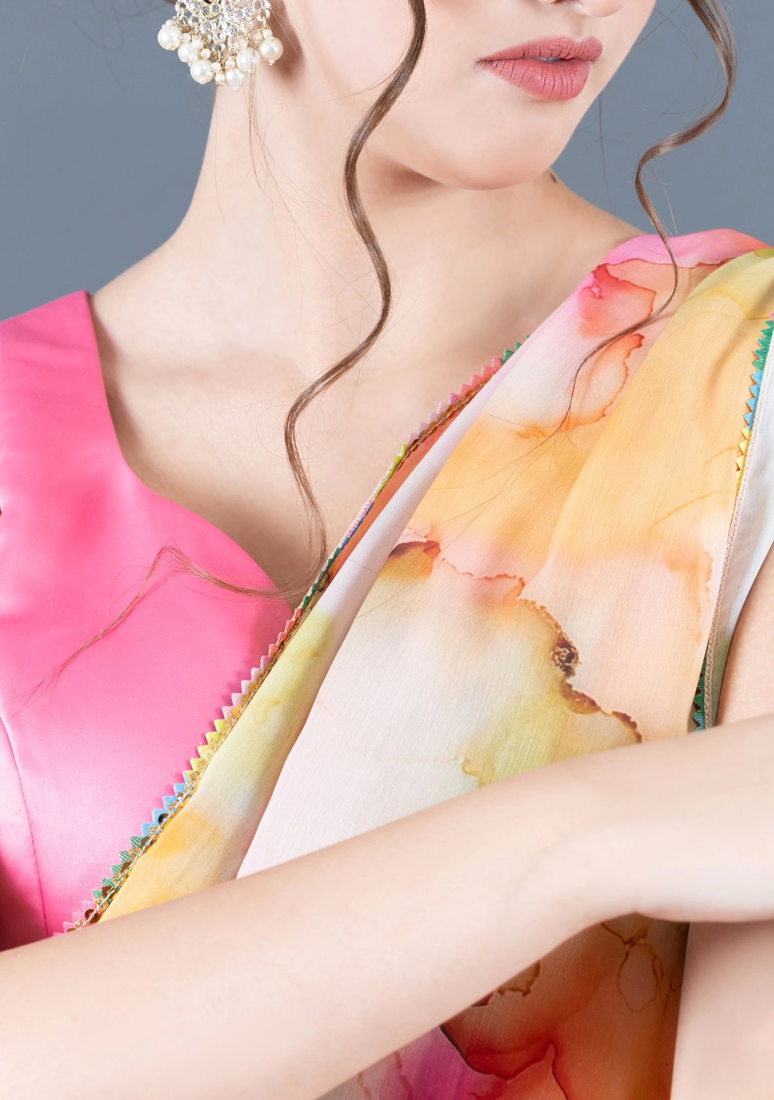 Multi Colour Smoke Marble Print Chiffon Saree With Unstitched Blouse