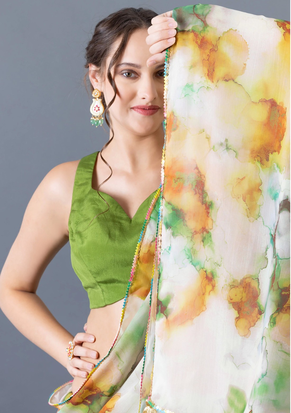 Green Smoke Marble Print Chiffon Saree With Unstitched Blouse