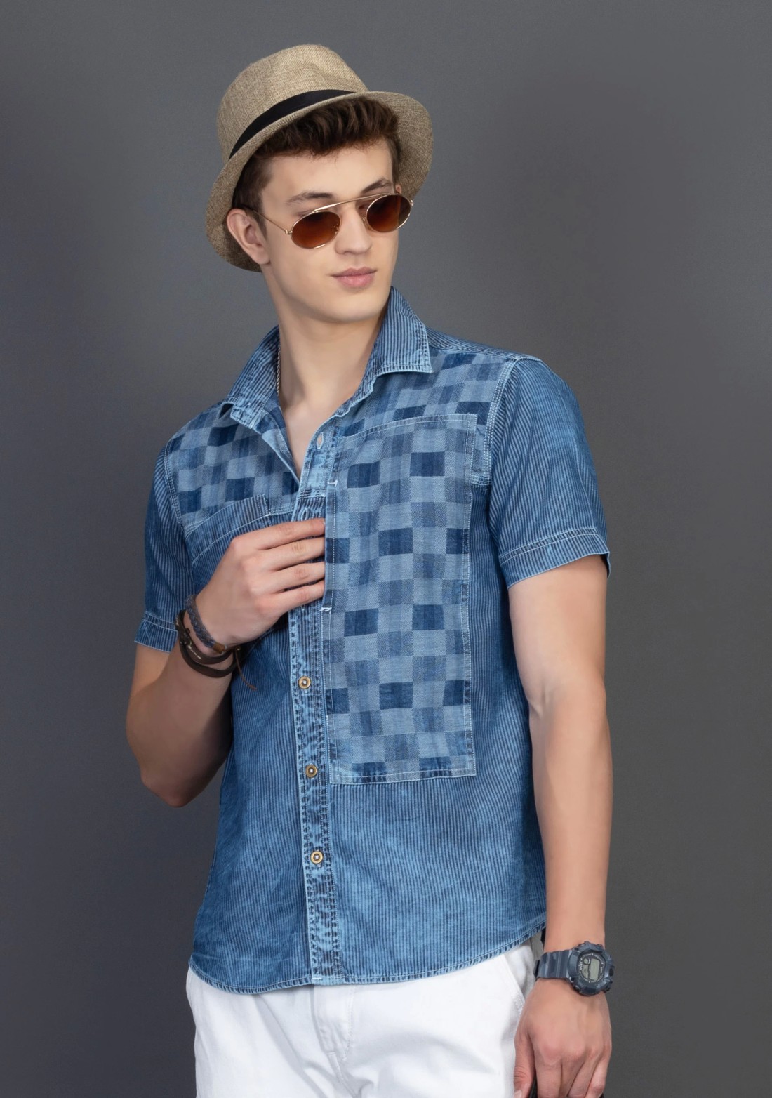 Blue Slim Fit Rhysley Men's Fashion Denim Shirt