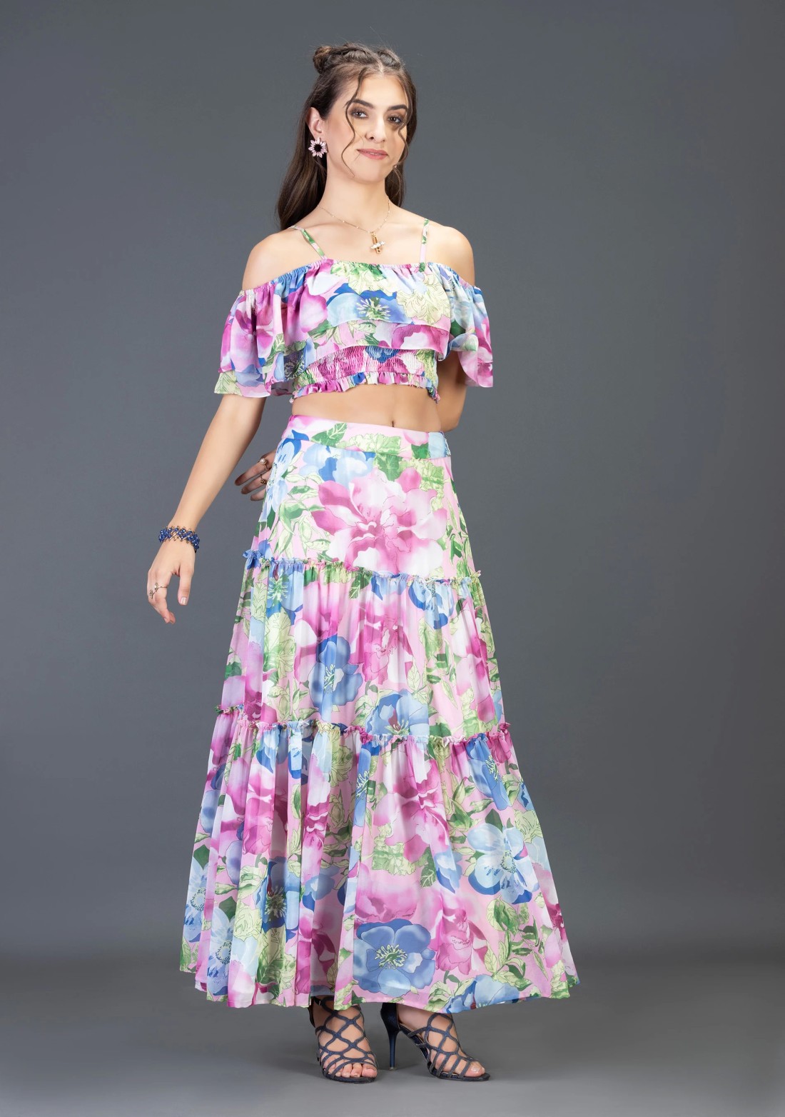 Multi Colour Big Floral Print Georgette Crop Top and Flared Long Skirt Co-Ord Set