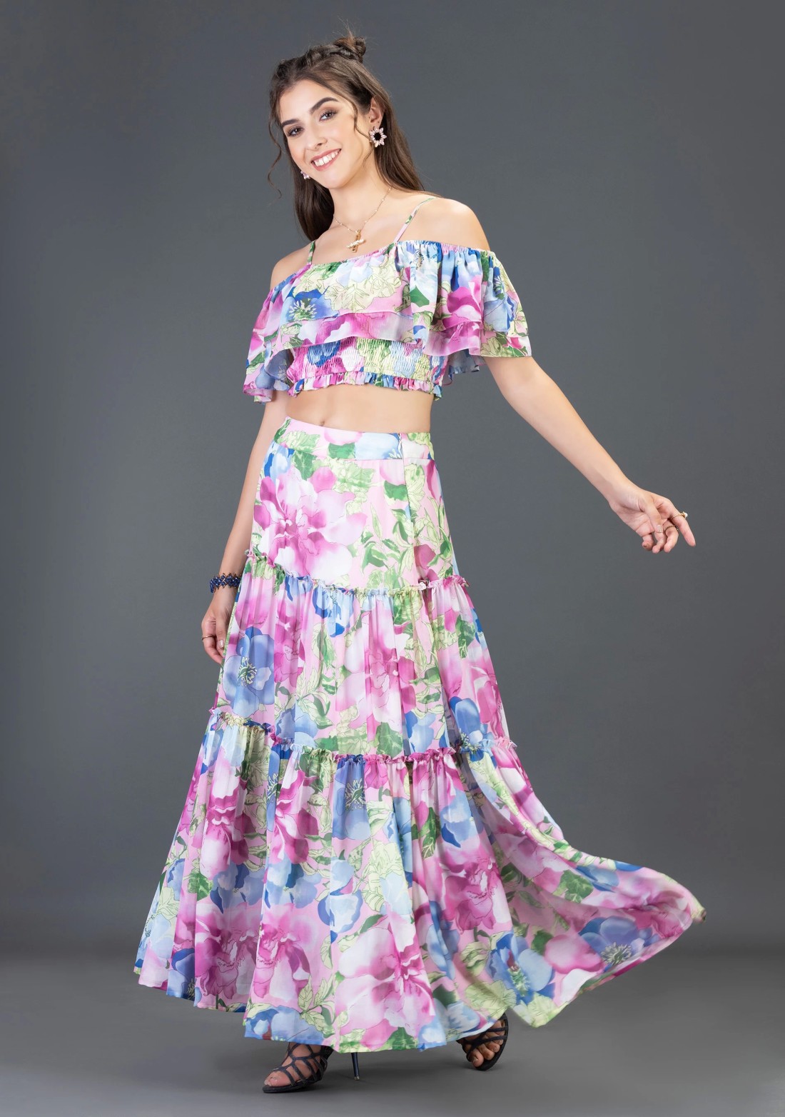 Multi Colour Big Floral Print Georgette Crop Top and Flared Long Skirt Co-Ord Set