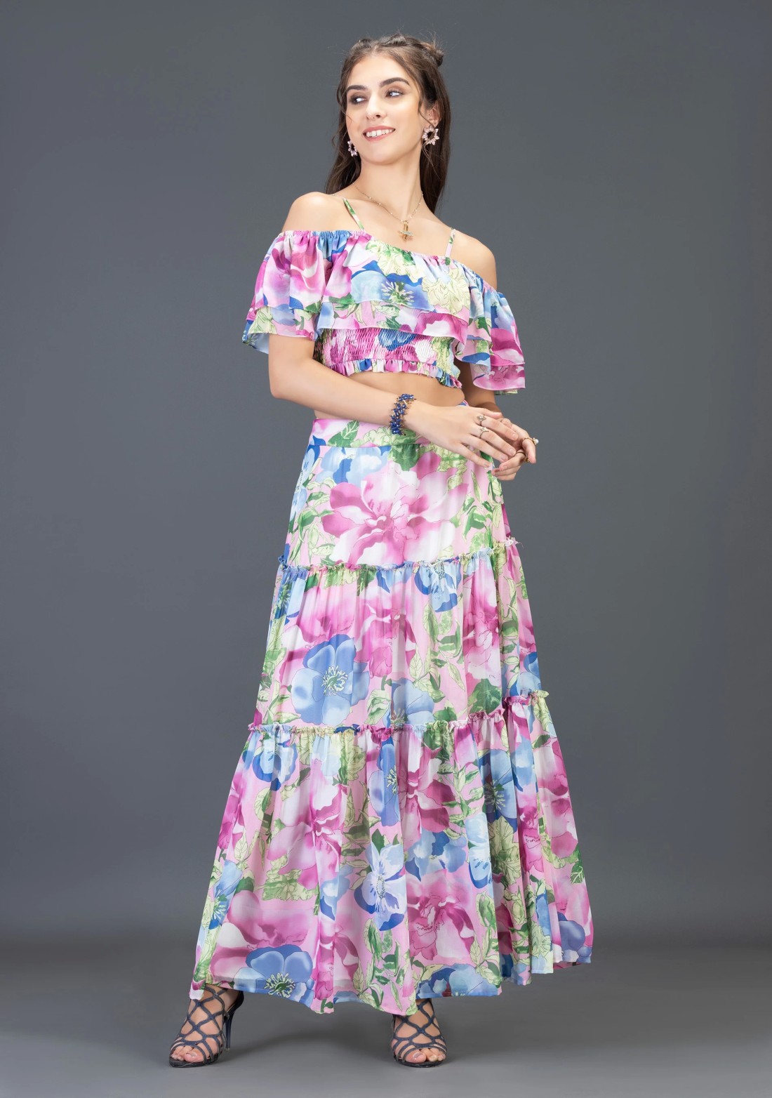 Multi Colour Big Floral Print Georgette Crop Top and Flared Long Skirt Co-Ord Set