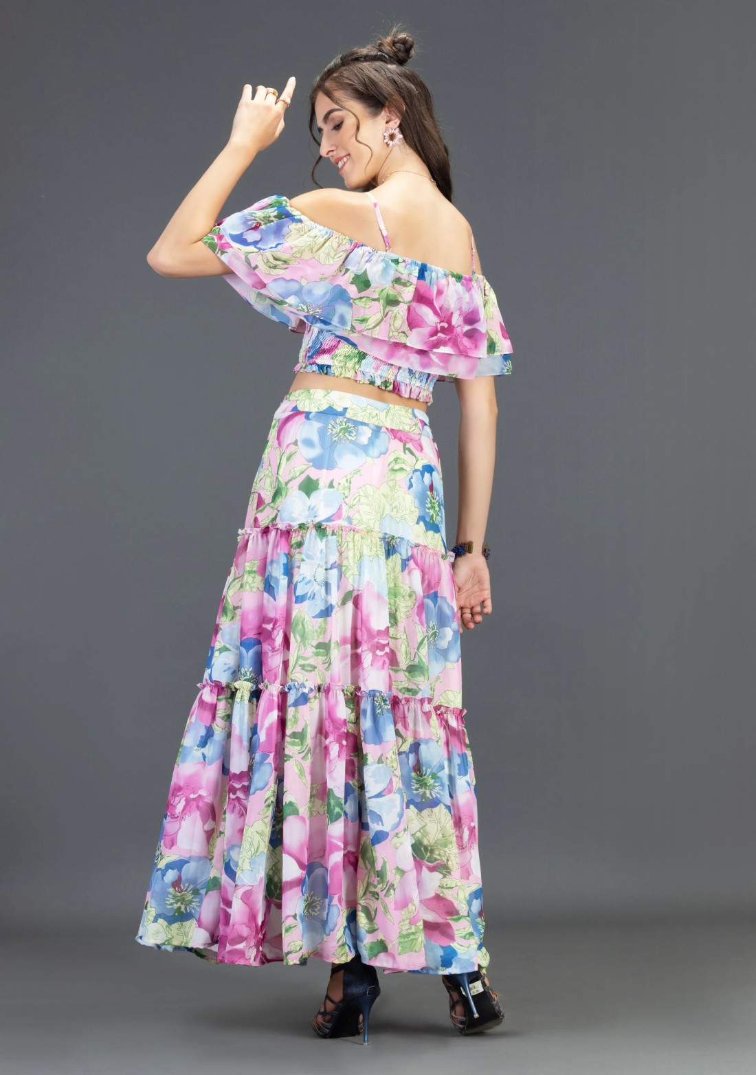 Multi Colour Big Floral Print Georgette Crop Top and Flared Long Skirt Co-Ord Set