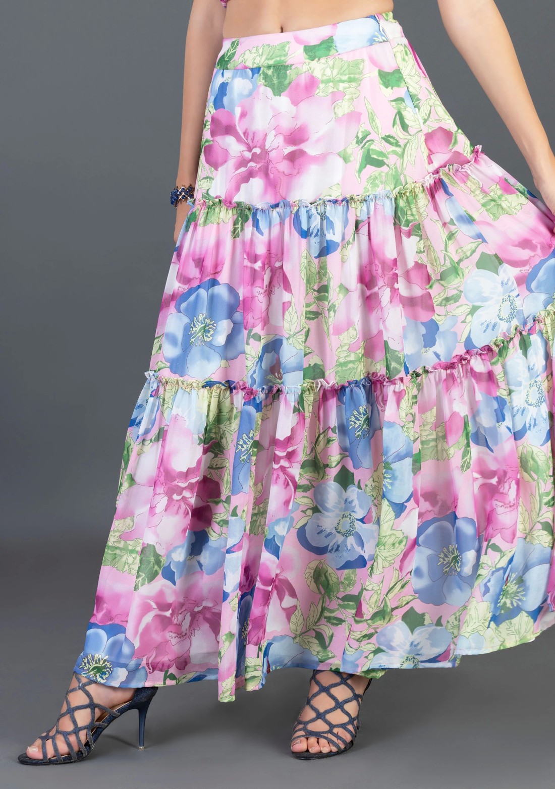 Multi Colour Big Floral Print Georgette Crop Top and Flared Long Skirt Co-Ord Set