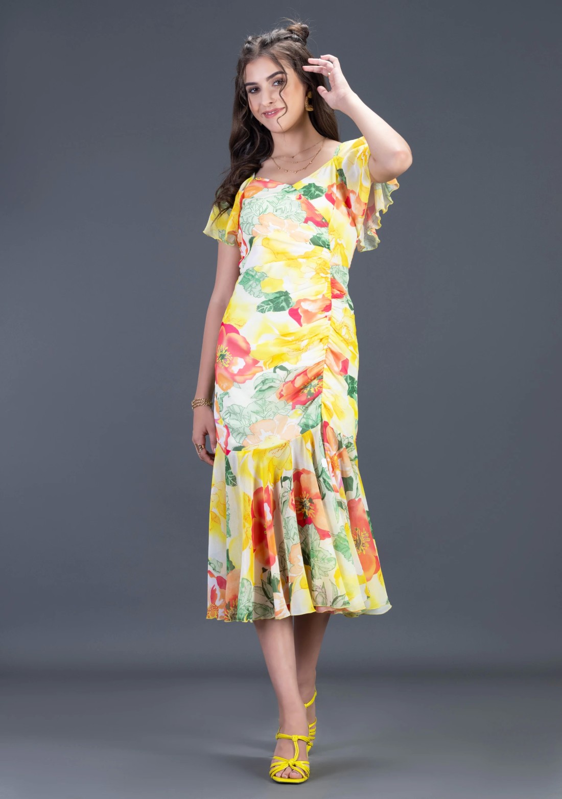 Multi Colour Big Floral Print Georgette Ruched Midi Dress