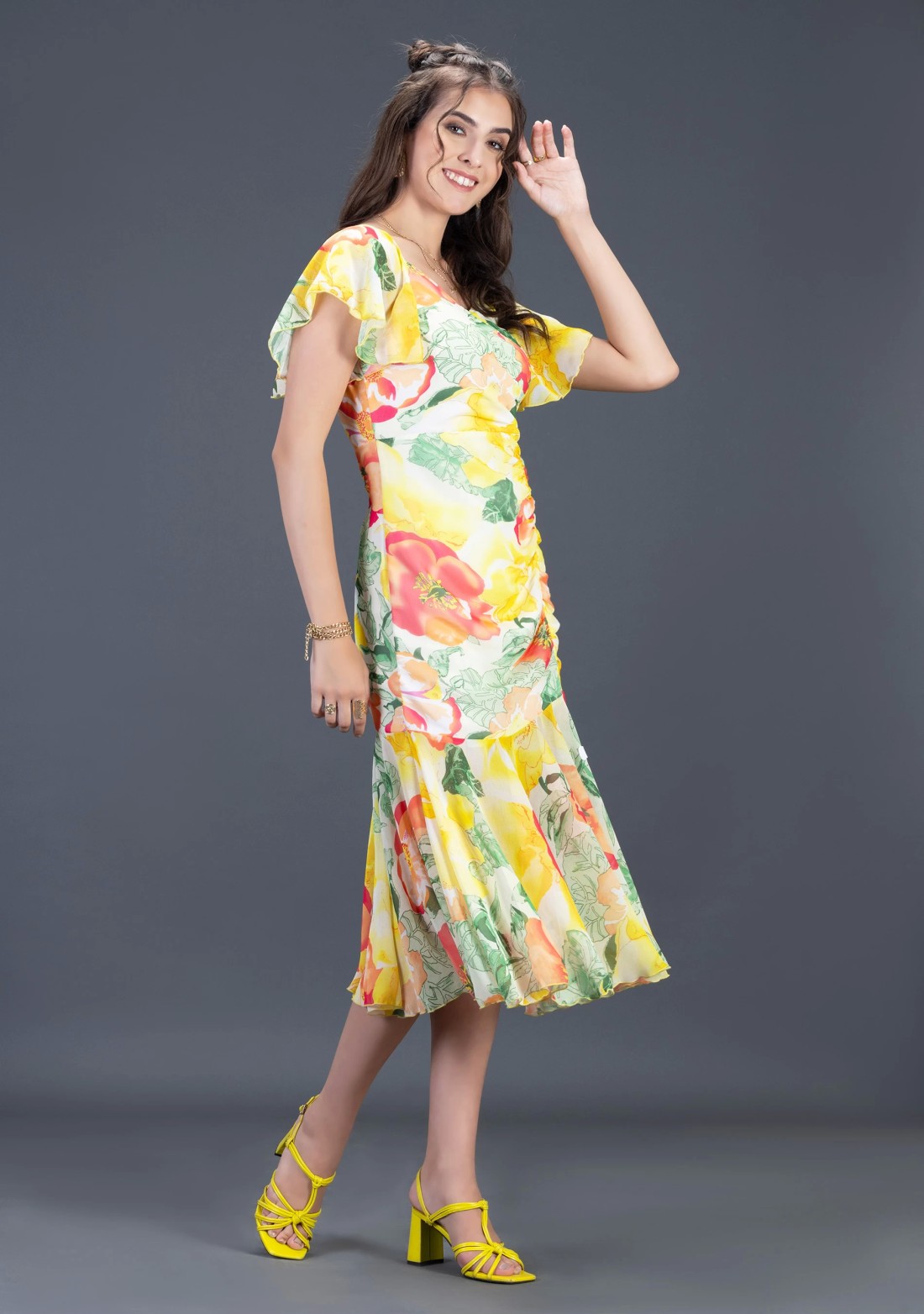 Multi Colour Big Floral Print Georgette Ruched Midi Dress