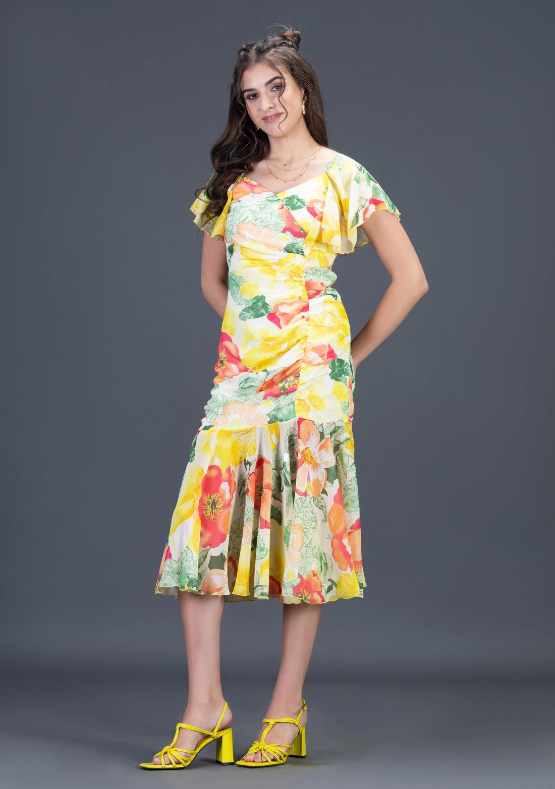 Multi Colour Big Floral Print Georgette Ruched Midi Dress