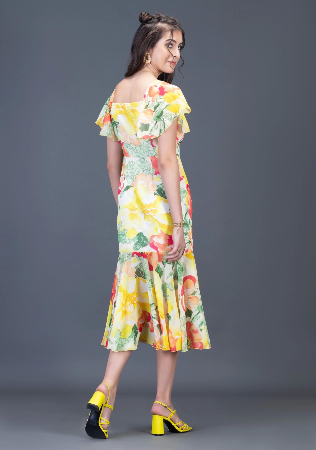 Multi Colour Big Floral Print Georgette Ruched Midi Dress