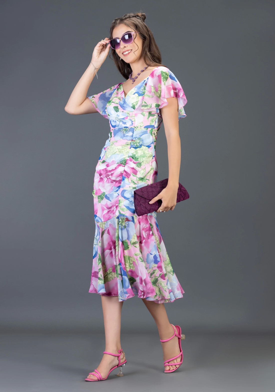 Multi Colour Big Floral Print Georgette Ruched Midi Dress