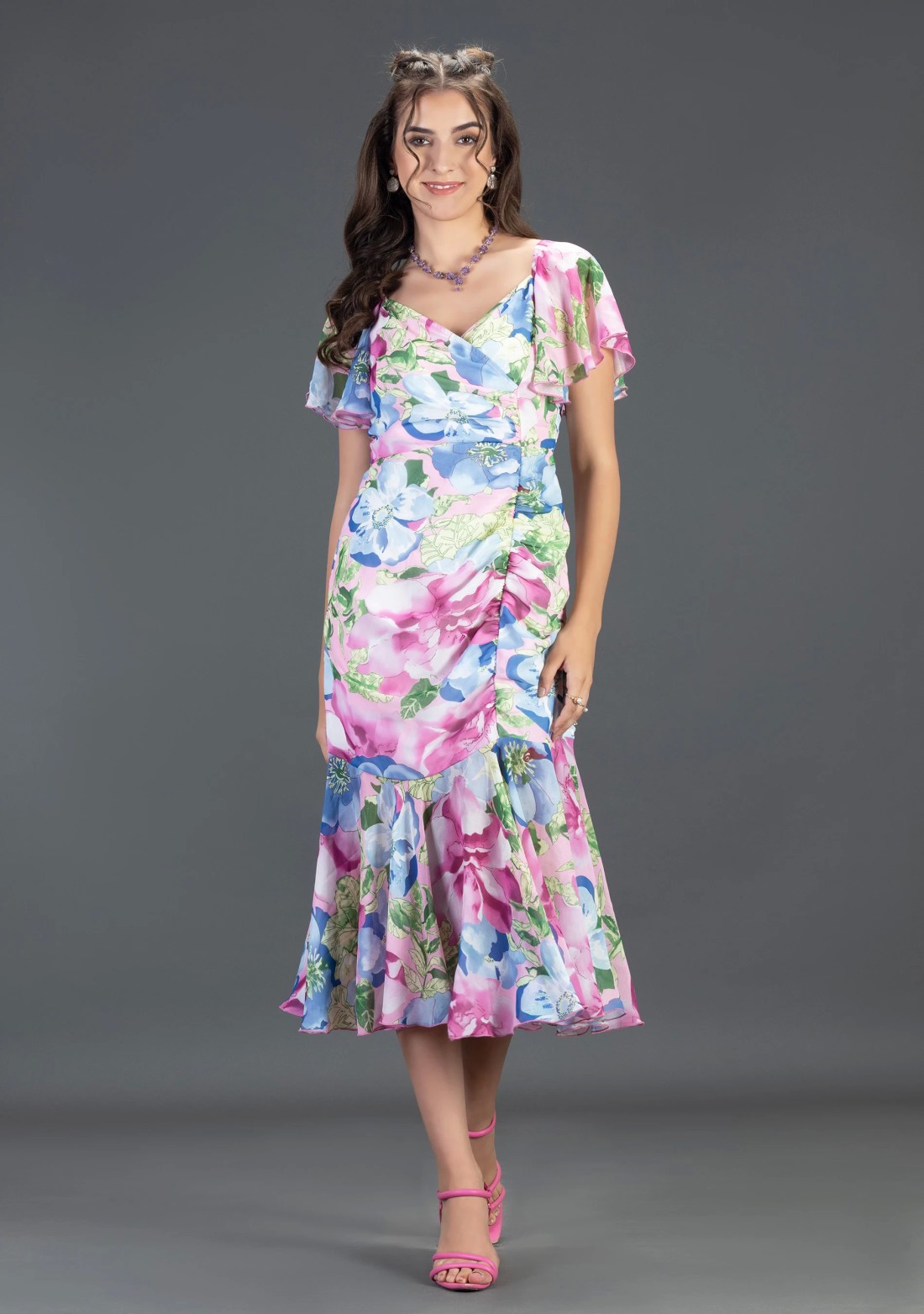 Multi Colour Big Floral Print Georgette Ruched Midi Dress