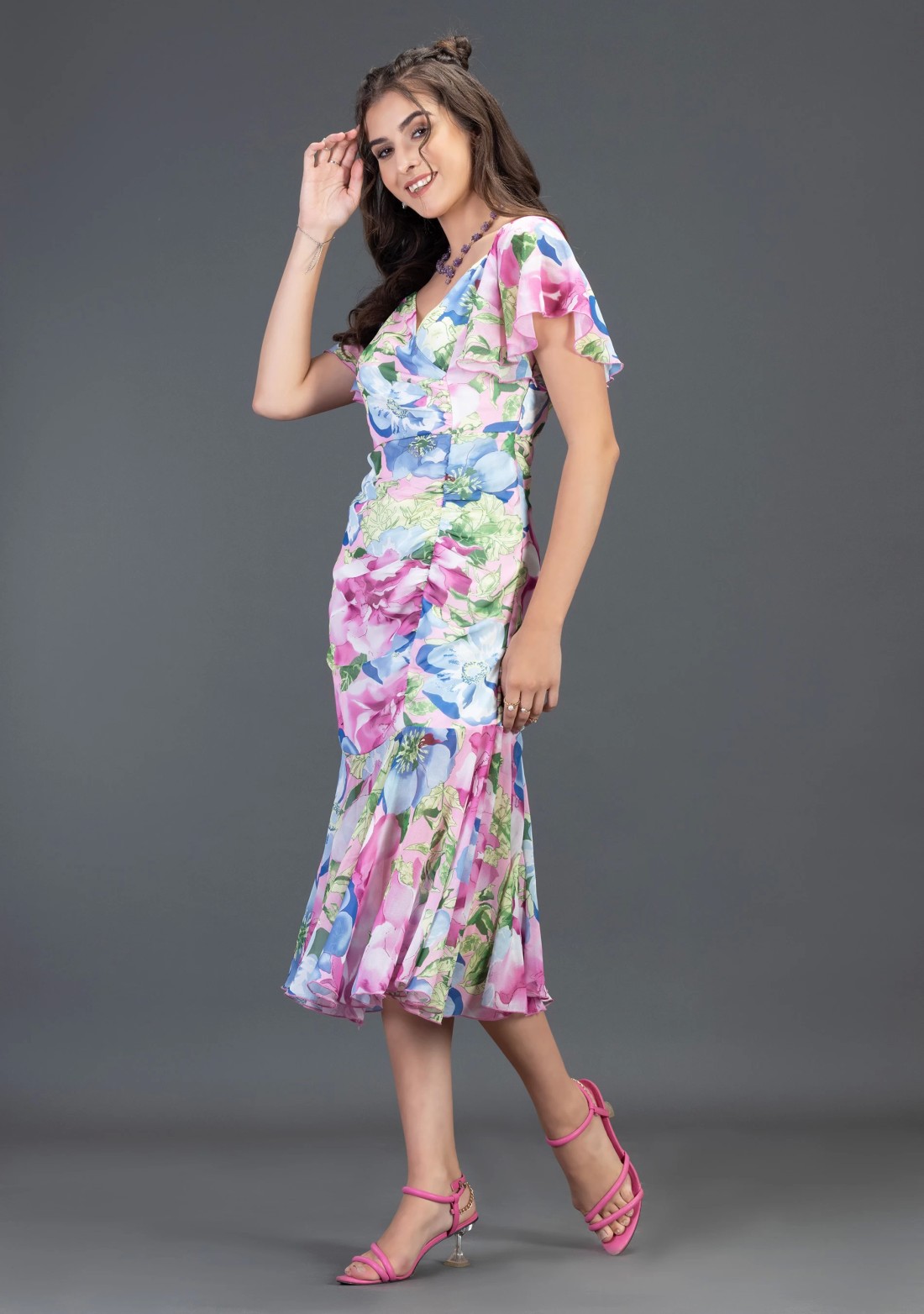 Multi Colour Big Floral Print Georgette Ruched Midi Dress