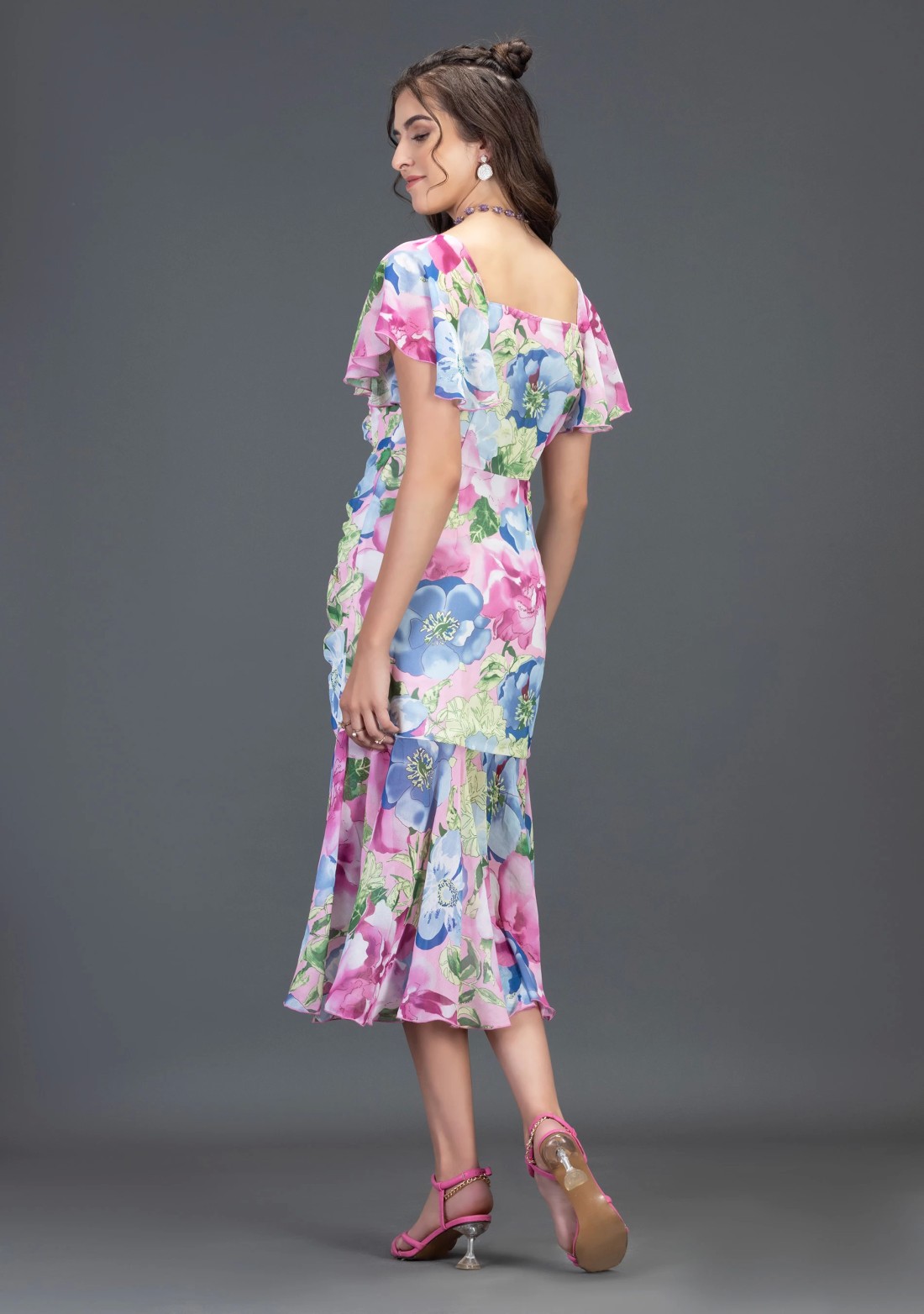 Multi Colour Big Floral Print Georgette Ruched Midi Dress