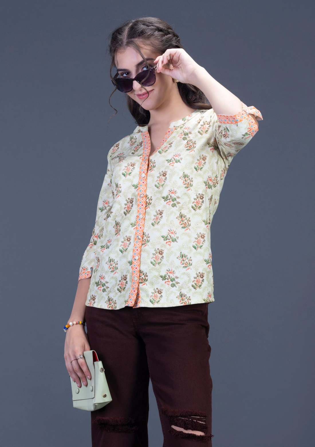 Floral Print Rayon Button Down Top