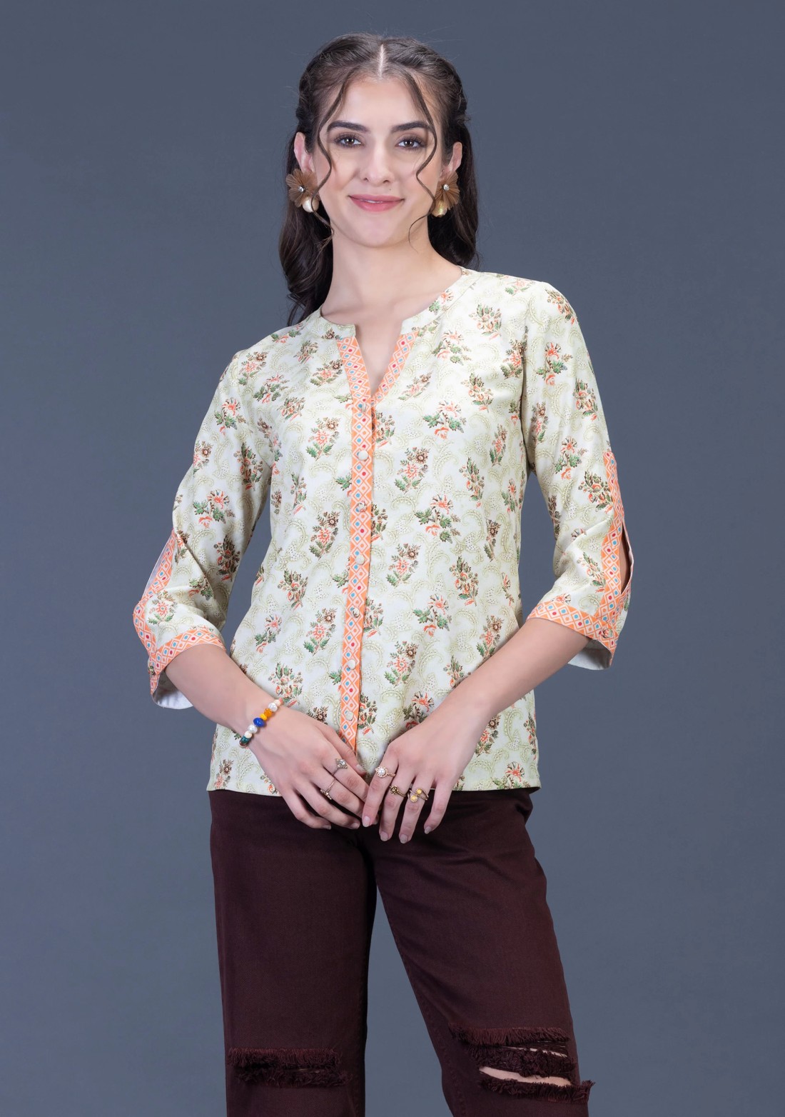 Floral Print Rayon Button Down Top