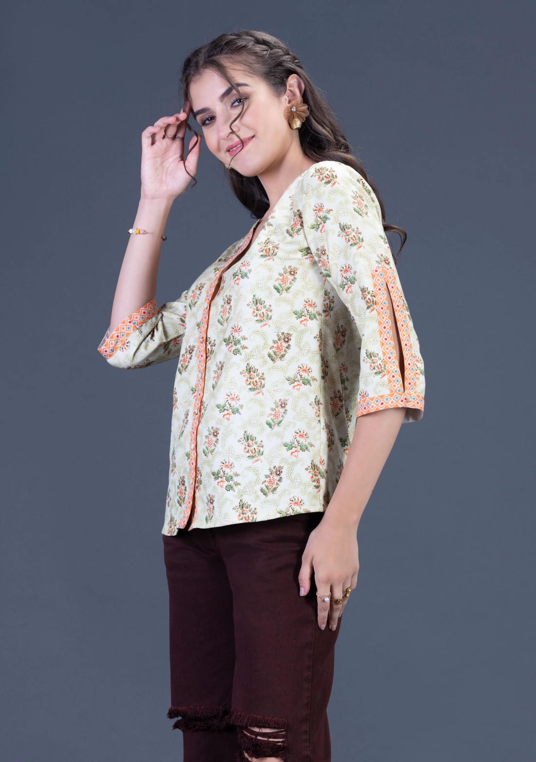 Floral Print Rayon Button Down Top