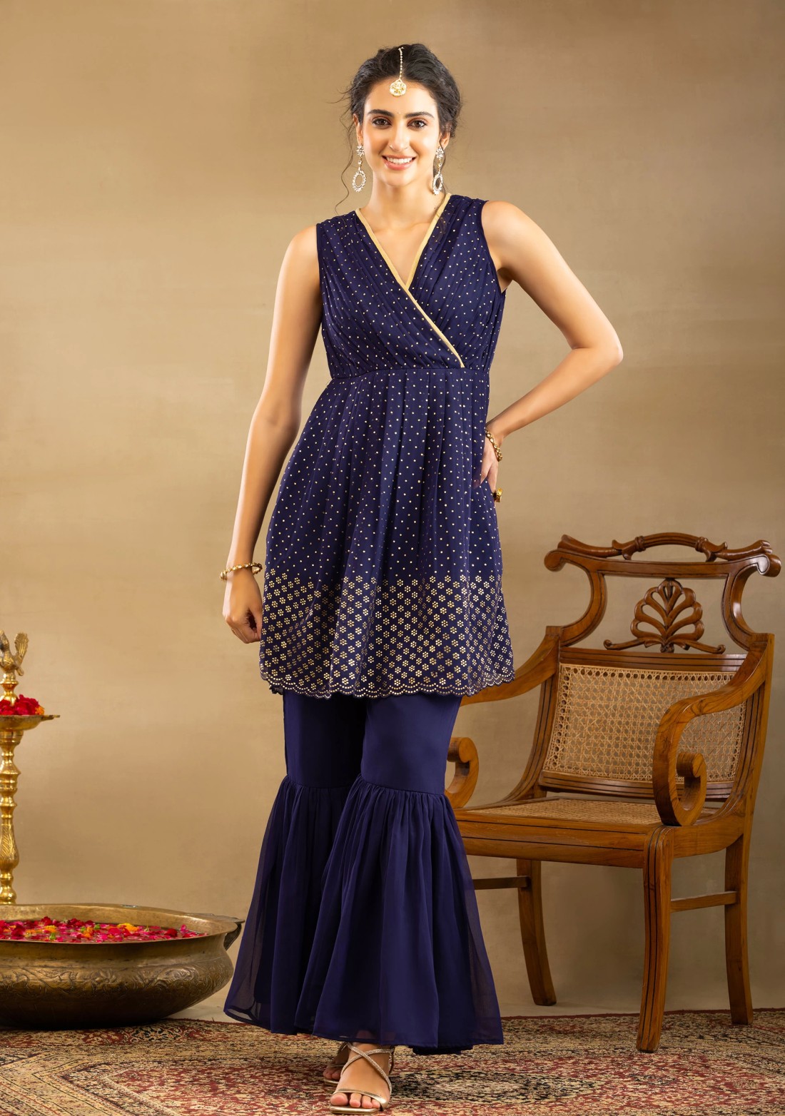 Navy Blue Mukaish Work Georgette Peplum Kurta Sharara Set