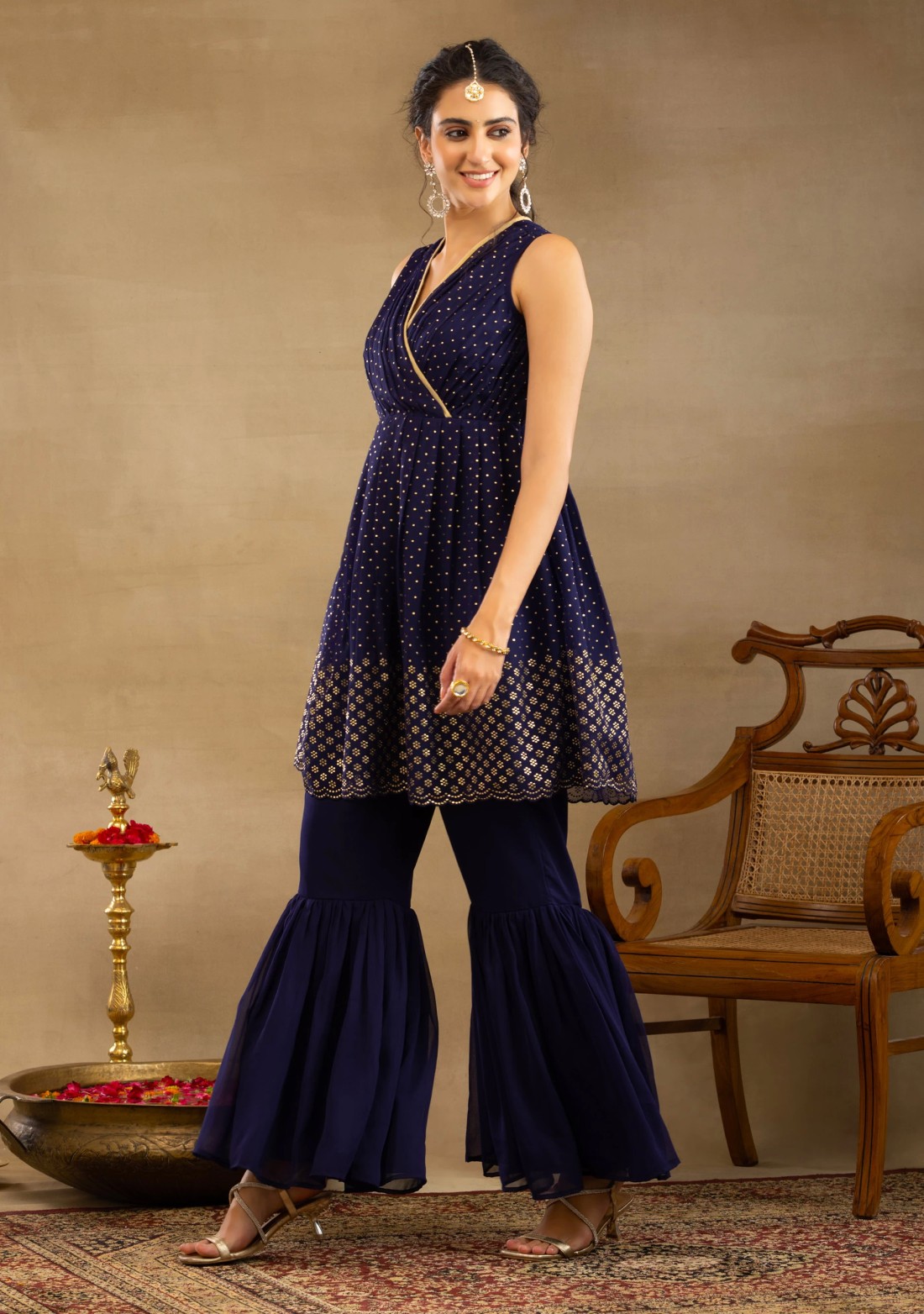 Navy Blue Mukaish Work Georgette Peplum Kurta Sharara Set