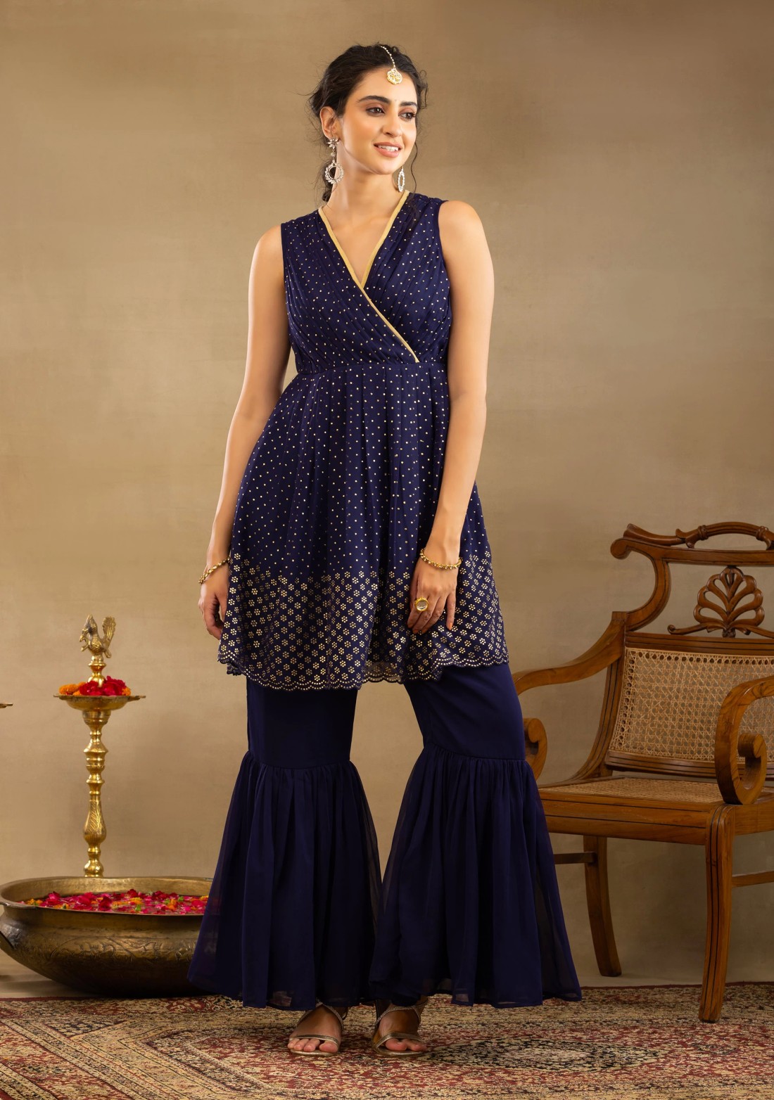 Navy Blue Mukaish Work Georgette Peplum Kurta Sharara Set