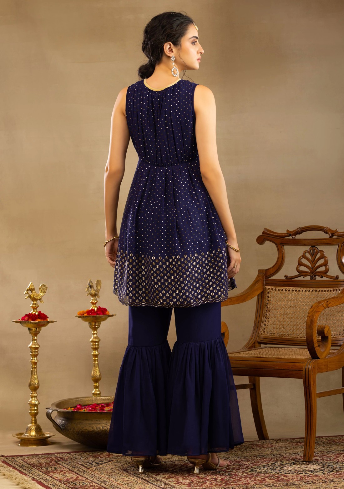 Navy Blue Mukaish Work Georgette Peplum Kurta Sharara Set