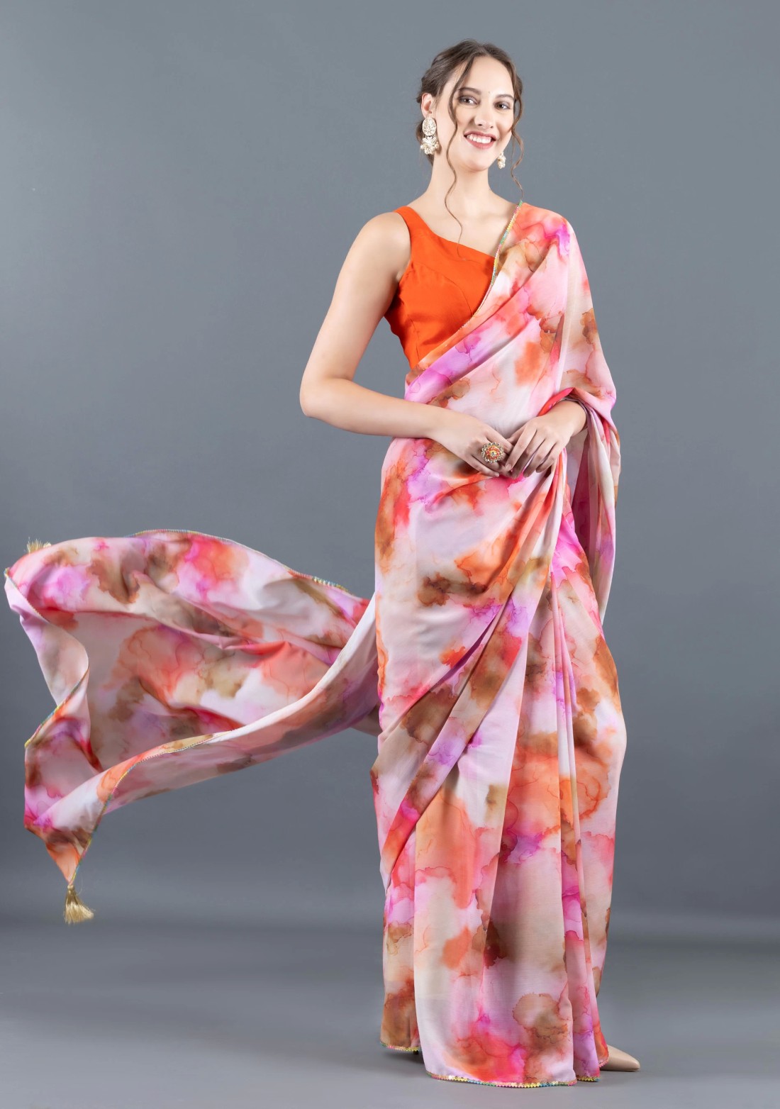 Red & Pink Marble Print Chiffon Saree With Unstitched Blouse