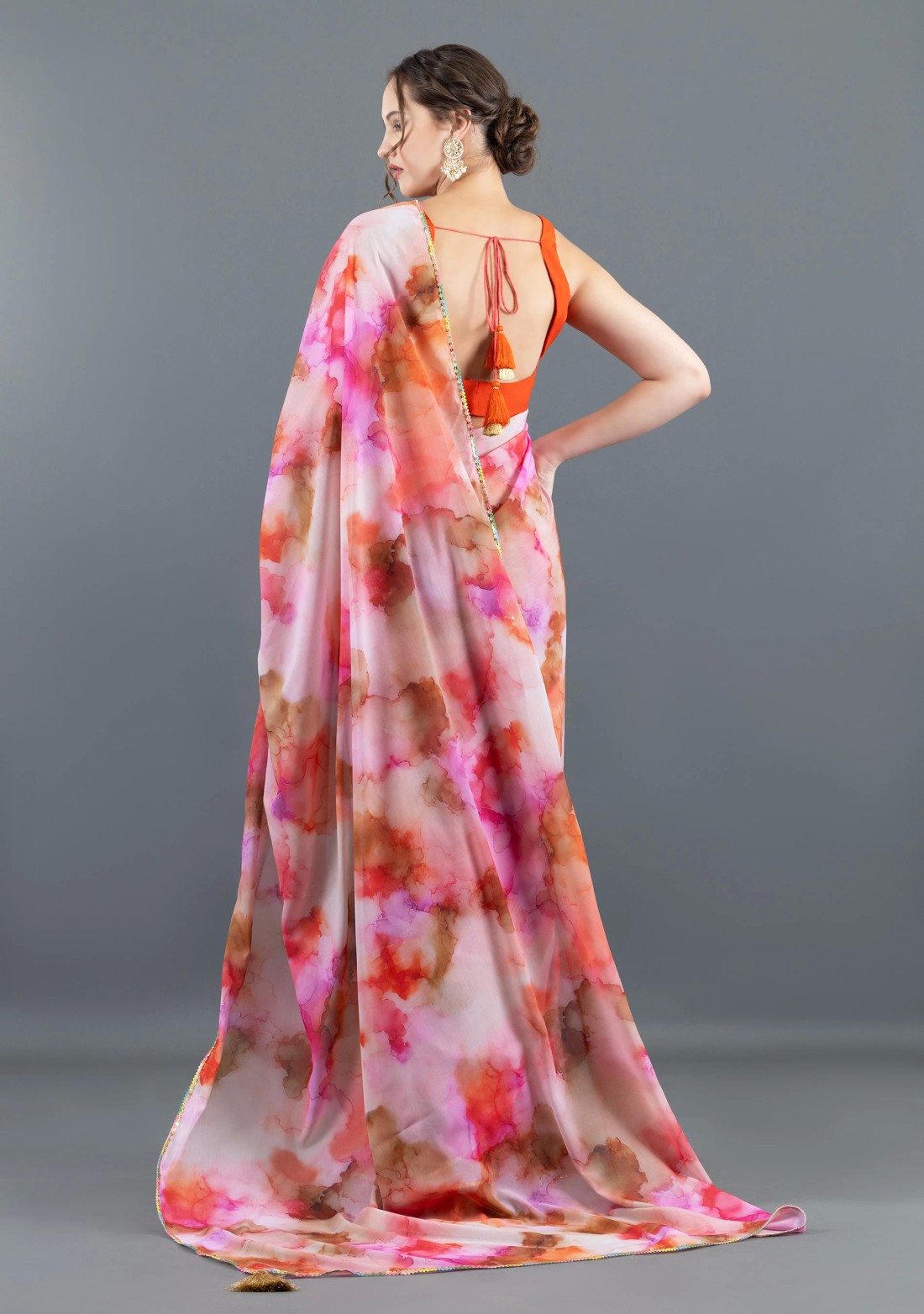 Red & Pink Marble Print Chiffon Saree With Unstitched Blouse